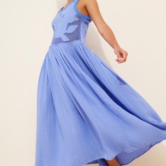 Free People Pearl Floral Maxi Dress Periwinkle Blue Sz Small Boho Open Knit $198 - Picture 2 of 13